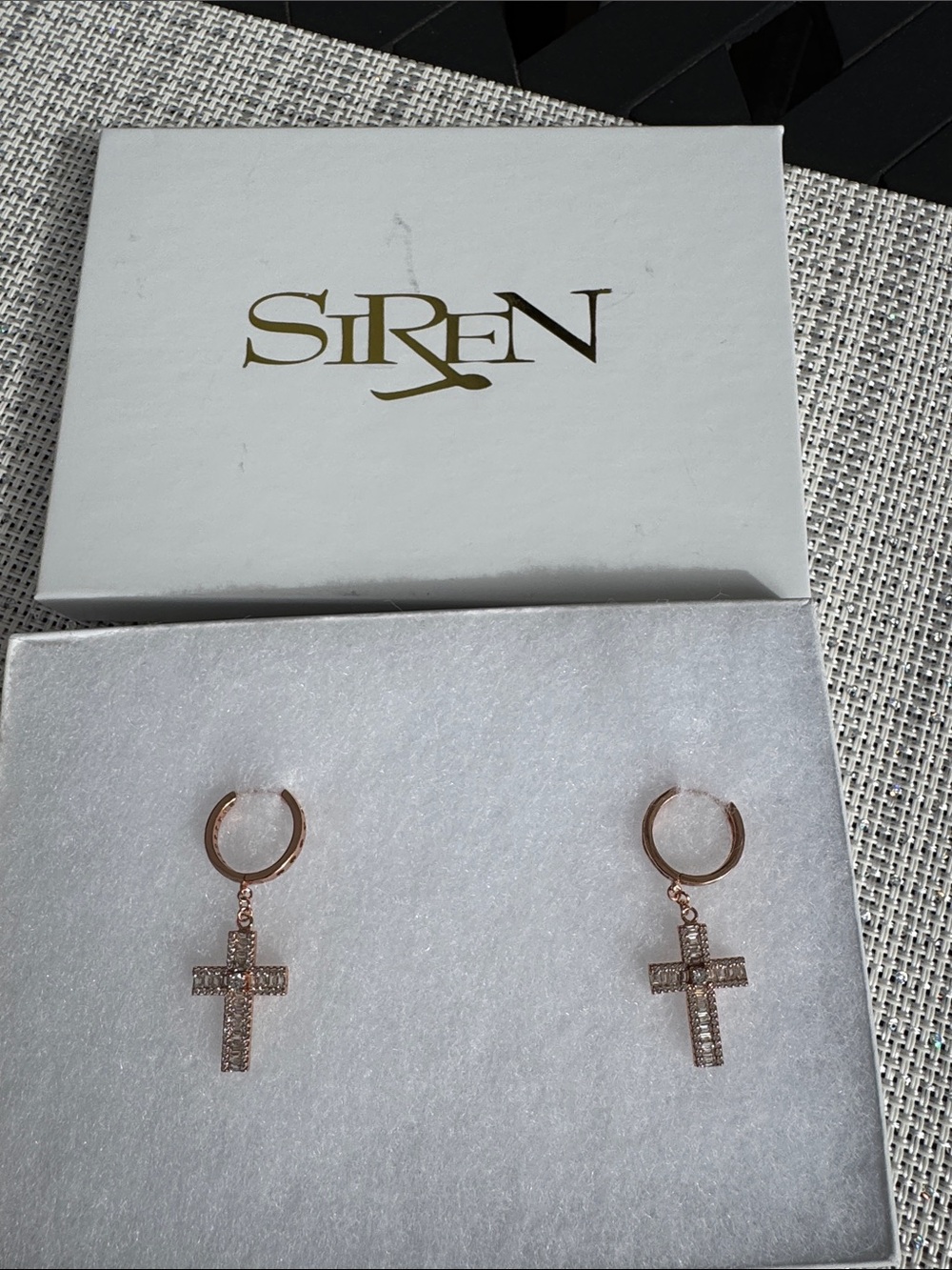 Siren Rose Gold Cross Huggie Drop Earrings